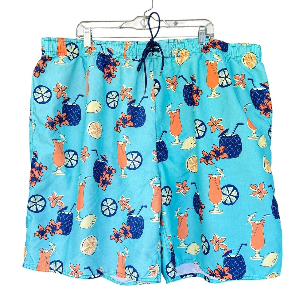 Island Passport Swim Shorts Mens 3XL Blue Tropical Drink Print Mesh Lined Trunks